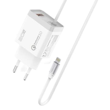 Promate ICharge-PDQC3 iPhone Wall Fast Charging 20W Power 1.5m Lightning Cable w/ Quick Charge 3.0 Port EU Outlet - White