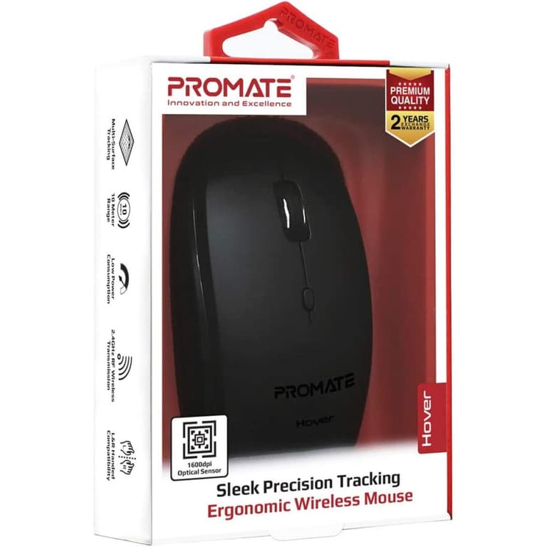 Promate Hover Wireless Mouse 2.4Ghz Ergonomic Precision Tracking Optical Mouse w/ USB Nano Receiver 3 Adjustable Dpi Levels - Black