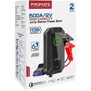 Promate Hexabolt 20 1500A/12V Car Jump Starter w/ 19200Mah Power Bank 10W Qi Charger Dual Qc 3.0 Ports - Black