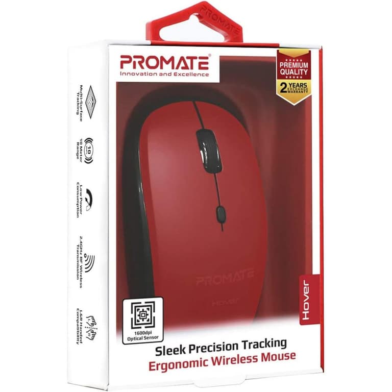 Promate Hover Wireless Mouse 2.4Ghz Ergonomic Precision Tracking Optical Mouse w/ USB Nano Receiver 3 Adjustable Dpi Levels - Red