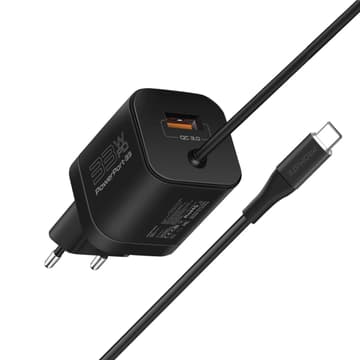 Promate PowerPort-PDQC3 USB-C Charger Premium 33W with 22.5W Quick Charge 3.0 Port & 1.5M Type-C Cable EU Interface - Black
