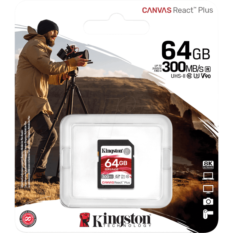 Kingston 64GB SDXC Canvas React Plus 300MB/s Read For UHS-II 4K/8K Professional Cinema Cameras
