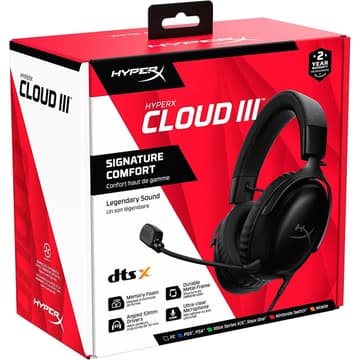 HyperX Cloud III Wired Angled 53mm Drivers DTS Memory Foam Durable Frame Ultra-Clear 10mm Mic USB-C & USB-A 3.5mm For PC, PS5, Xbox Series X|S - Black