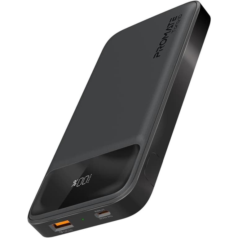 Promate Torq-10 Power Bank Universal 10000mAh Ultra-Slim 20W USB-C Port QC 3.0 18W Port Built-In Kickstand LCD Screen & Over-Heating Protection