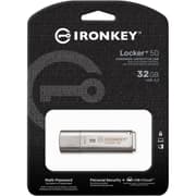 Kingston Ironkey Locker+ 50 32GB Encrypted Flash Drive USB 3.2 XTS-AES Protection Multi-Password Security Options Automatic Cloud Backup Metal Casing product image
