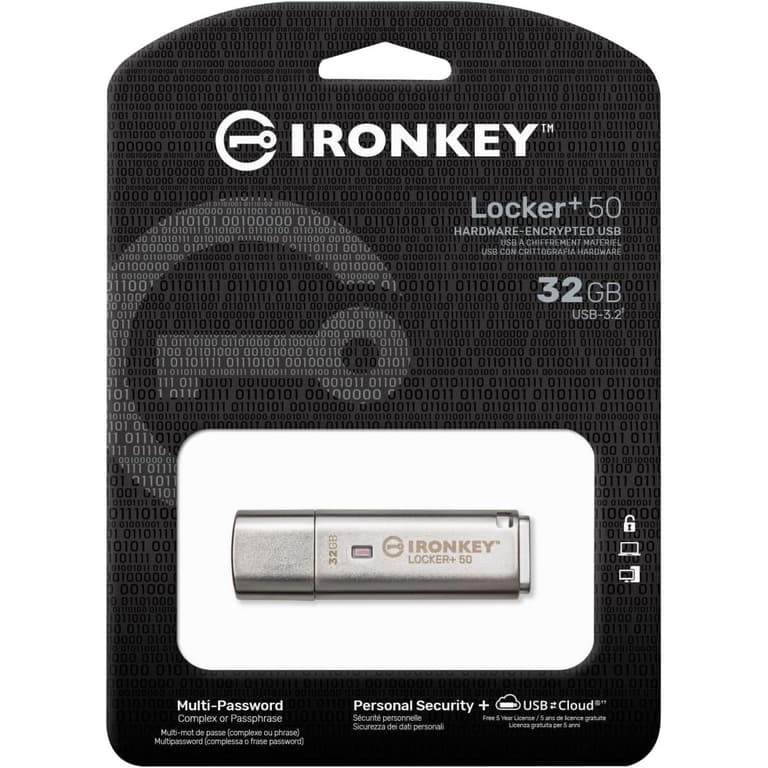 Kingston Ironkey Locker+ 50 32GB Encrypted Flash Drive USB 3.2 XTS-AES Protection Multi-Password Security Options Automatic Cloud Backup Metal Casing