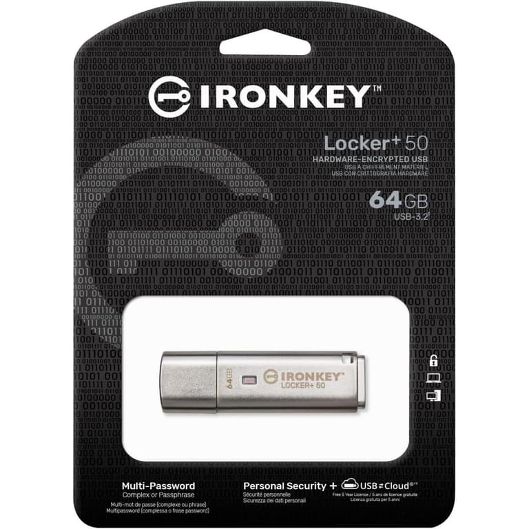 Kingston Ironkey Locker+ 50 64GB Encrypted Flash Drive USB 3.2 XTS-AES Protection Multi-Password Security Options Automatic Cloud Backup Metal Casing