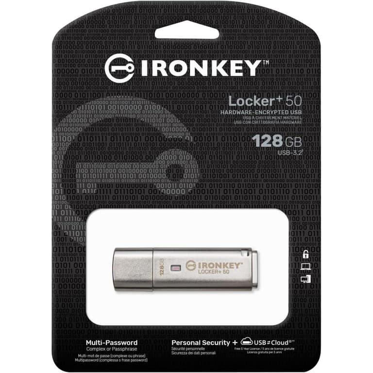 Kingston Ironkey Locker+ 50 128GB Encrypted Flash Drive USB 3.2 XTS-AES Protection Multi-Password Security Options Automatic Cloud Backup Metal Casing