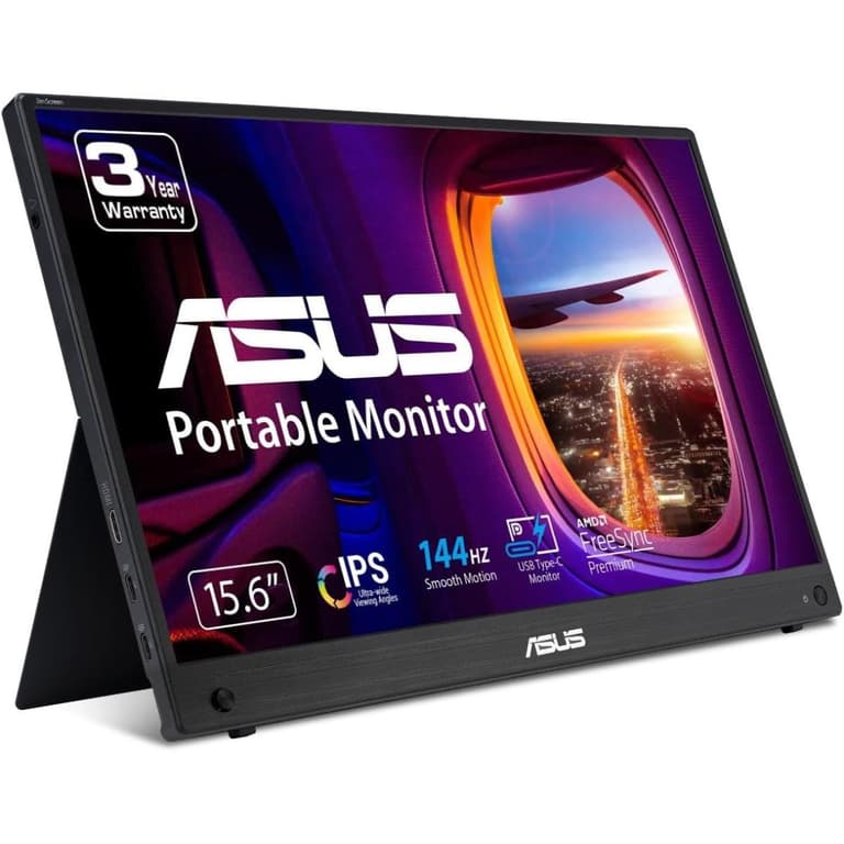ASUS ZenScreen MB16AHG 15.6” IPS Full HD Portable USB-C 144Hz Mini-HDMI Ergo kickstand Eye Care Tripod Mountable Protective Sleeve
