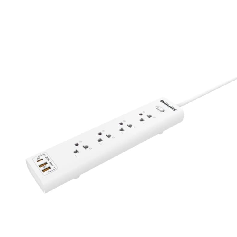 Philips Power Strip 4 AC Outlet, 1 X USB-C, 2 X USB with overload Protection, 2M EU