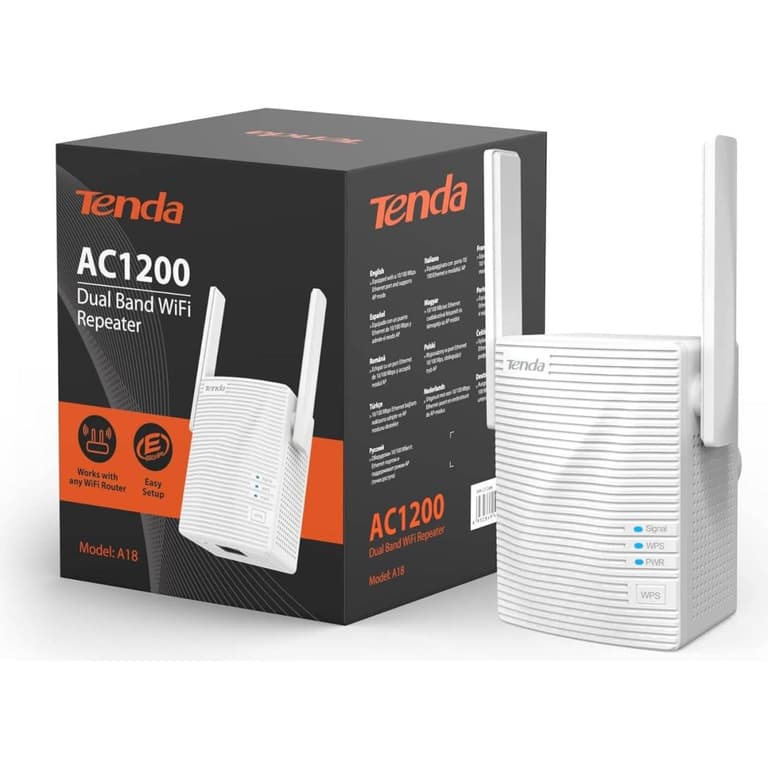 Tenda A18 AC1200 Dual Band Universal Wi-Fi Repeater, Broadband/Wi-Fi Extender, Wi-Fi Booster/Hotspot, with 1 Ethernet Port, works with all broadband providers