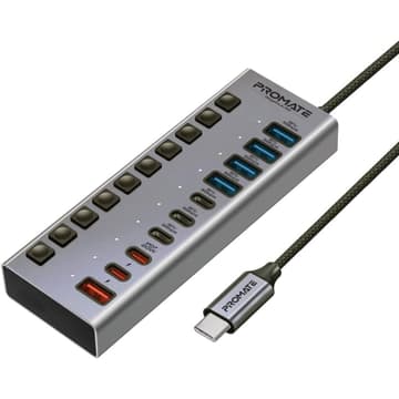 Promate GegaHub-5G 10 in 1 USB-C Multiport Hub, 3 USB-C and 4 USB-A Ports with 5Gbps Data Transfer, Fast Charging USB-C and USB-A Ports, 20W USB-C PD Port with Individual Power Switches and Plug & Play