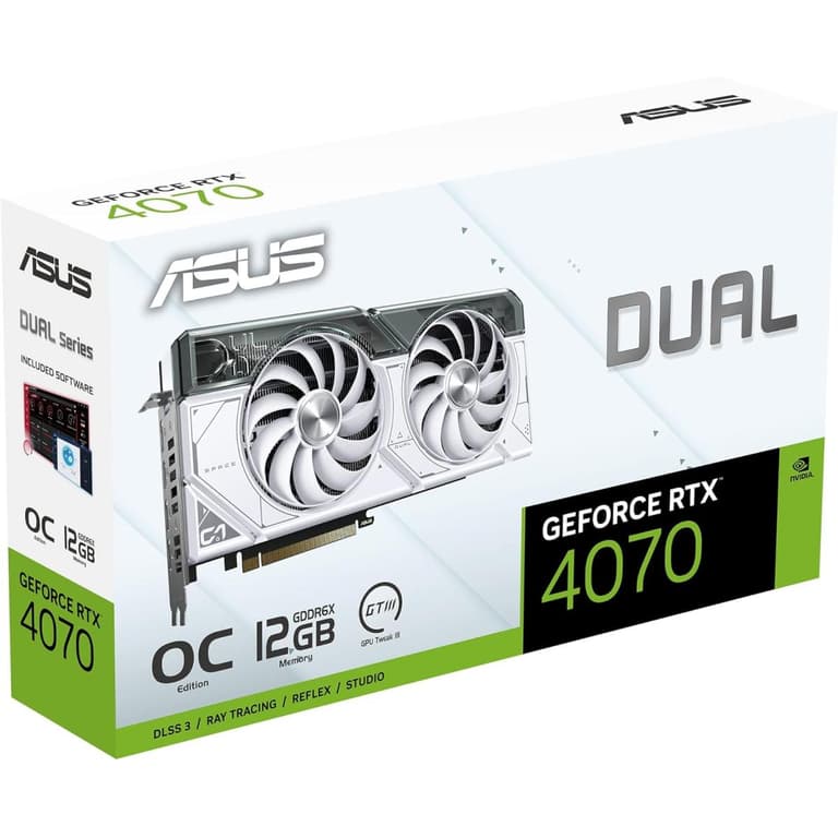 ASUS Dual GeForce RTX™ 4070 White OC Edition 12GB GDDR6X PCIe 4.0 2.56-Slot Design Axial-tech Fan Design 0dB Technology