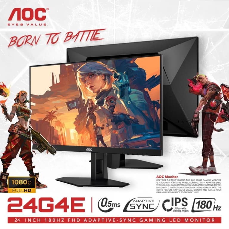 AOC 24G4E Gaming 24" Fast IPS Full HD 180Hz up to 0.5ms HDR10 sRGB 128% Adaptive-Sync w/ HDMI 2.0 & DisplayPort