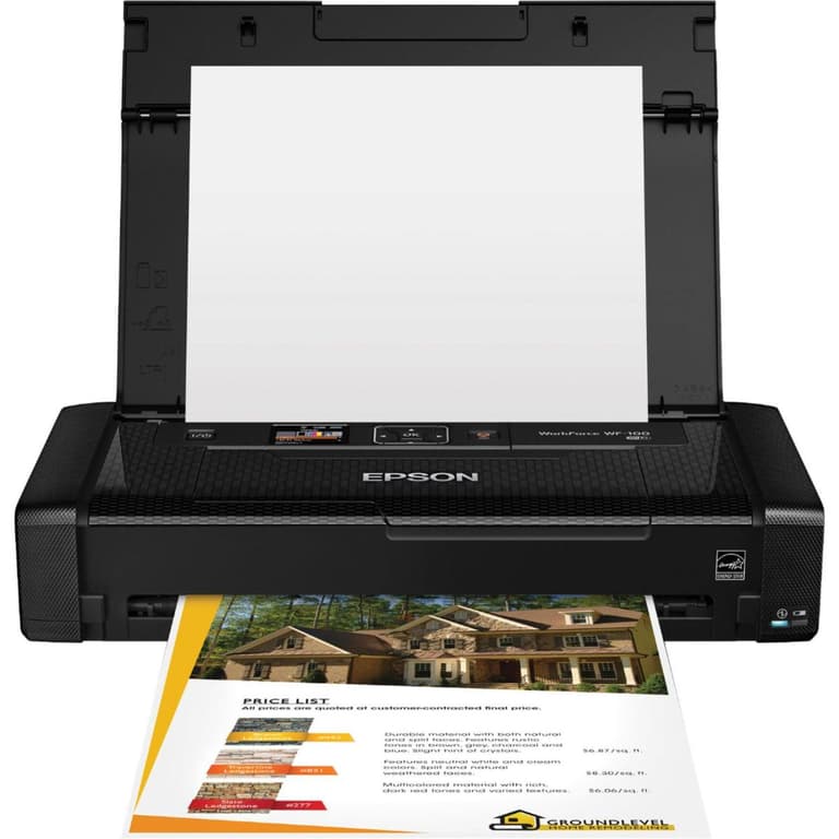 Epson Workforce WF-100W Wireless Color Mobile A4 Printer Built in Rechargeable Battery (USB or AC adapter) w/ 1.4" LCD & Fade , Water Resistant Ink