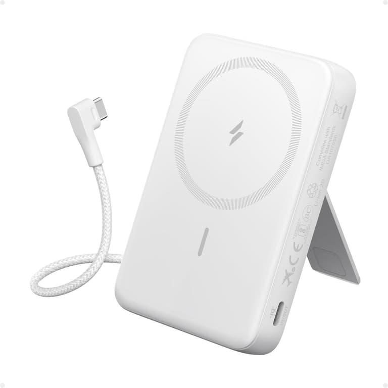 Anker Zolo Magnetic Power Bank, 10,000mAh Wireless Portable Charger with 30W Max Fast Charging, Battery Pack with Built-in USB-C Cable and Adjustable Stand, for iPhone 16/15 Series, AirPods - White