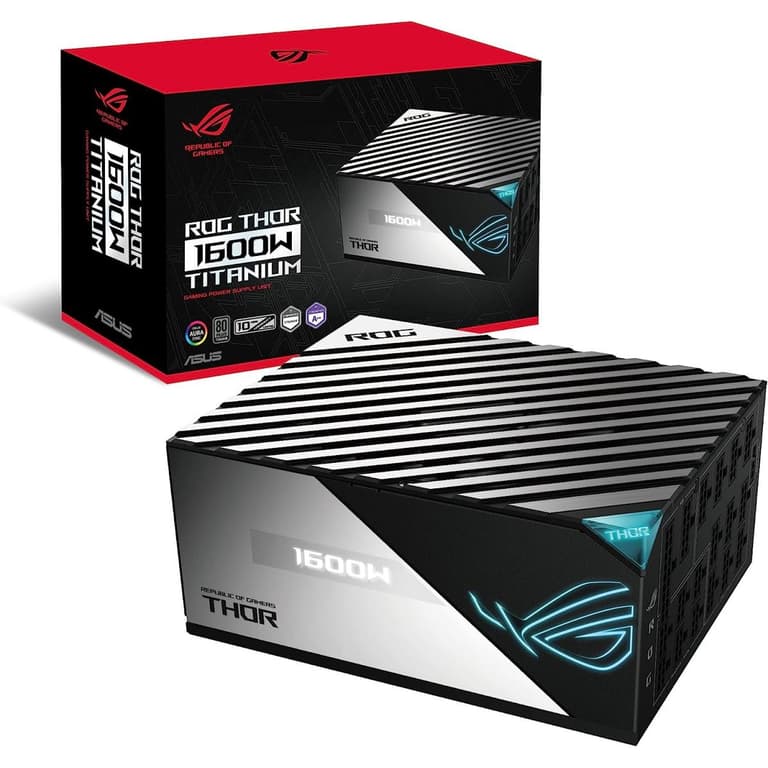 ASUS ROG Thor 1600W 80+ Titanium Fully Modular Lambda A++ ROG Heatsinks 135mm Fan 0dB Mode OLED Panel Sleeved Cables Aura Sync