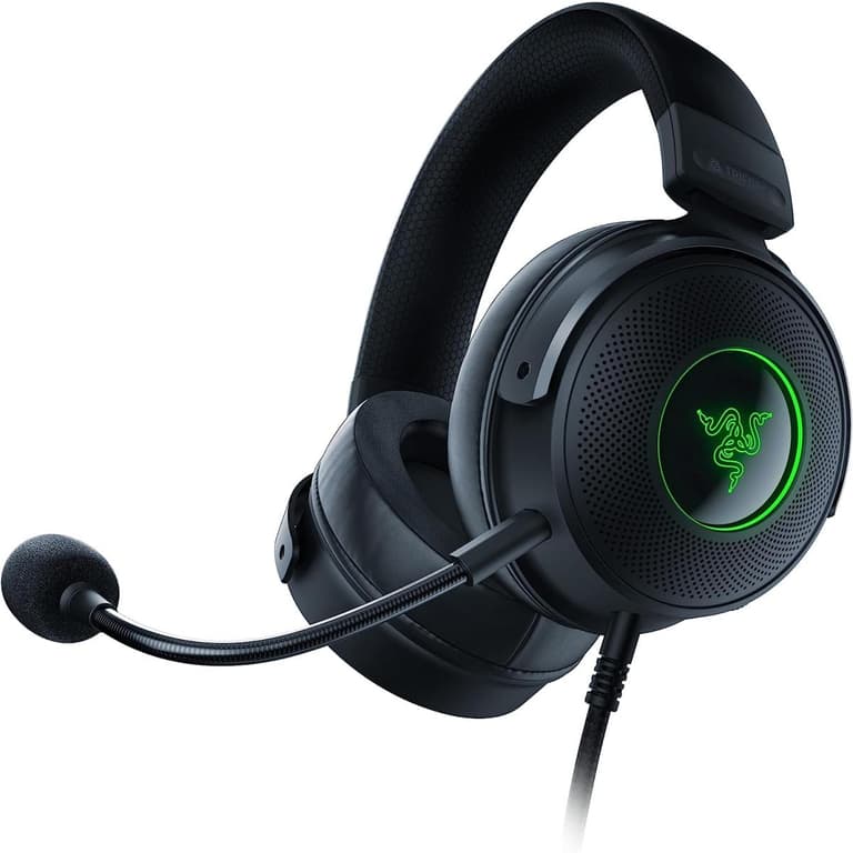Razer Kraken V3 USB Triforce Titanium 50mm Drivers THX Spatial Audio Chroma RGB Lighting Hybrid Fabric & Leatherette Memory Foam Cushions Detachable HyperClear Mic