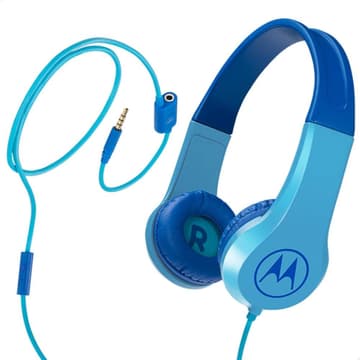 Motorola Squads 200 Kids Wired Headphones Anti-Allergic Cushion Enhanced Bass In-Line Mic & Voice Assistant Compatible with 3.5mm Aux - Blue