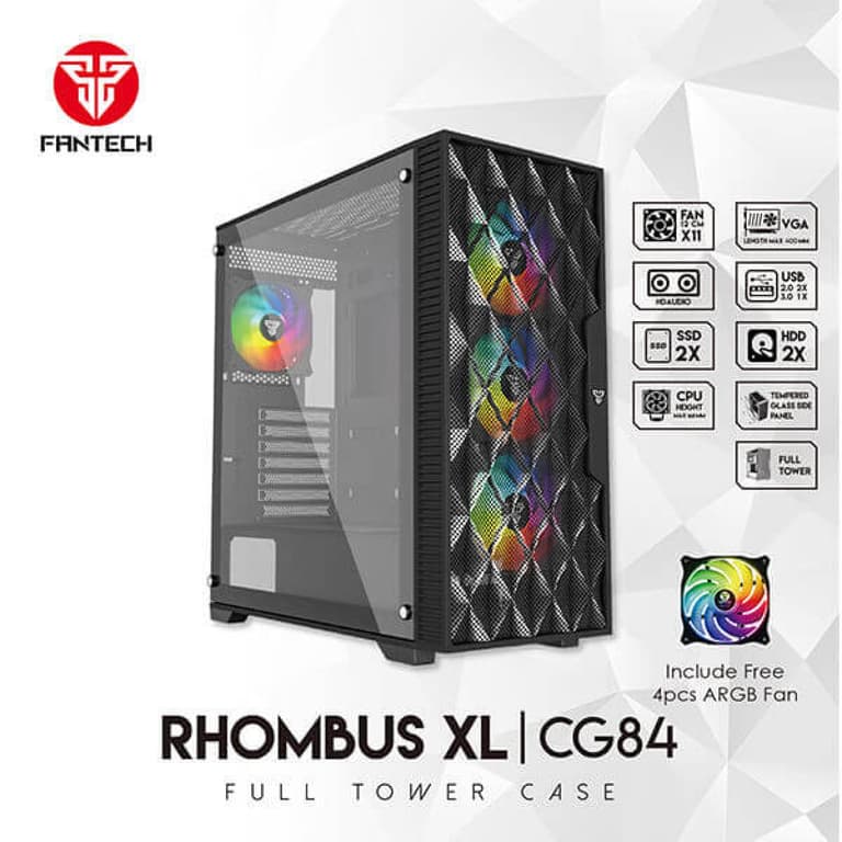 Fantech RHOMBUS XL CG84 Mid Tower Mesh Front Panel & Tempered Glass Side w/ 4x ARGB Fan - Black