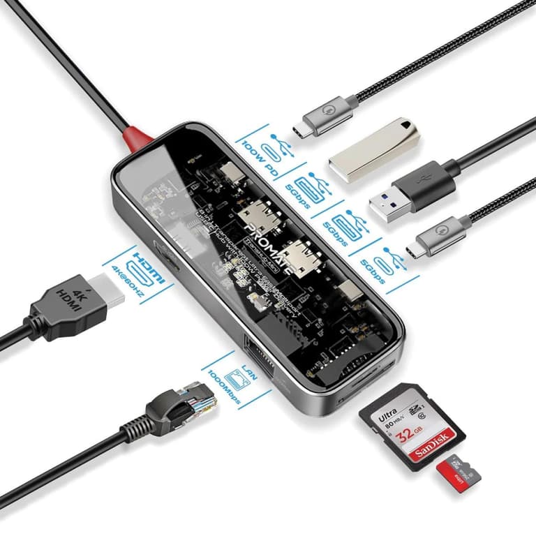 Promate Transhub-Mini USB-C™ Hub 8-in-1 Media Hub 4K@60Hz HDMI 1000Mbps LAN SD/TF Ports 2x USB-A 5Gbps Ports 100W USB-C™ Power Delivery