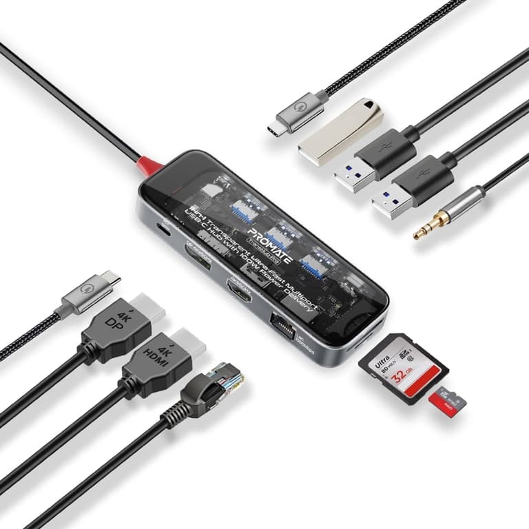 Promate TransHub-Pro USB-C Hub 11-in-1 Multi-Display 2x 4K HDMI 4K DisplayPorts 1000Mbps LAN AUX SD/TF USB Ports Efficient 100W USB-C™ Power Delivery