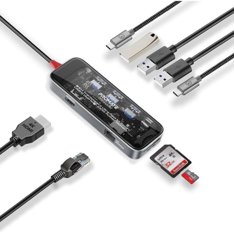 Promate TransHub-Go USB-C™ Hub 9-in-1 Multi-Display Media Hub 4K@60Hz HDMI 1000Mbps LAN 2x USB-A 5Gbps Ports 100W USB-C™ Power Delivery