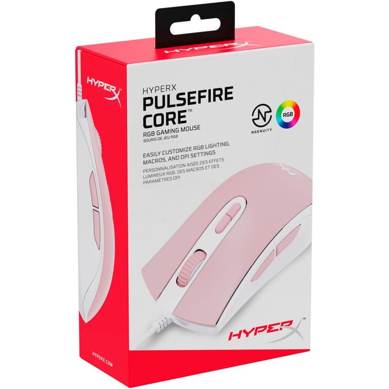 HyperX Pulsefire Core RGB Light Effects & Macro Customization Pixart 3327 Sensor up to 6,200DPI 7 Programmable Buttons Weight 87g - White/Pink