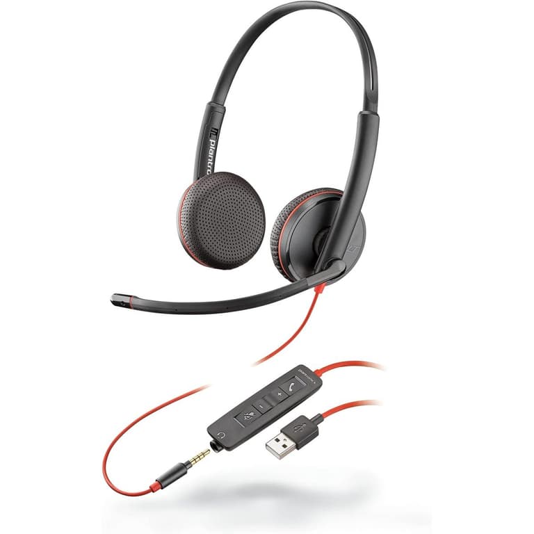 Poly Blackwire C3225 Wired Dual-Ear Boom Mic USB-A & 3.5mm Noise-Canceling Mic For PC & Mac & Mobile Works with Teams (Certified)