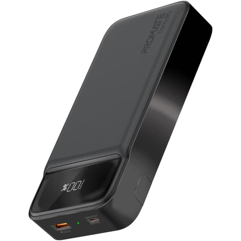 Promate Torq-20 Power Bank Universal 20000mAh Ultra-Slim Portable Charger 20W USB-C Power Delivery Port QC 3.0 18W Port Over-Heating Protection - Black