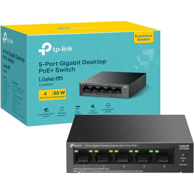 TP-Link LS105GP 5-Port Gigabit Desktop Switch with 4-Port PoE+ up to 10 Gbps 65W PoE Desktop or Wall-Mounting Design Metal Case