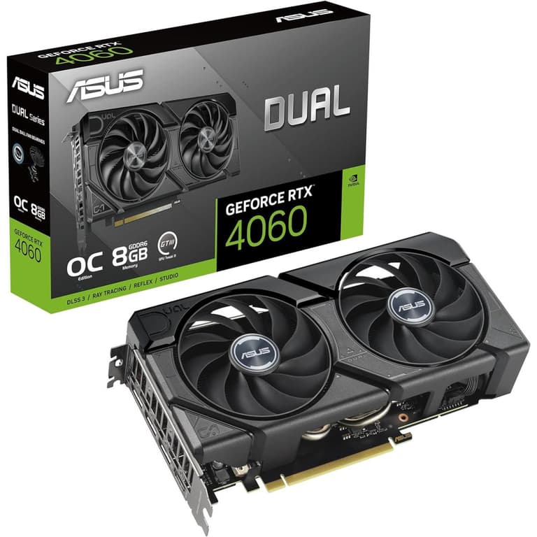 ASUS Dual GeForce RTX™ 4060 EVO OC Edition 8GB GDDR6 PCIe 4.0 DLSS 3 Axial-tech Fan Design 0dB Technology