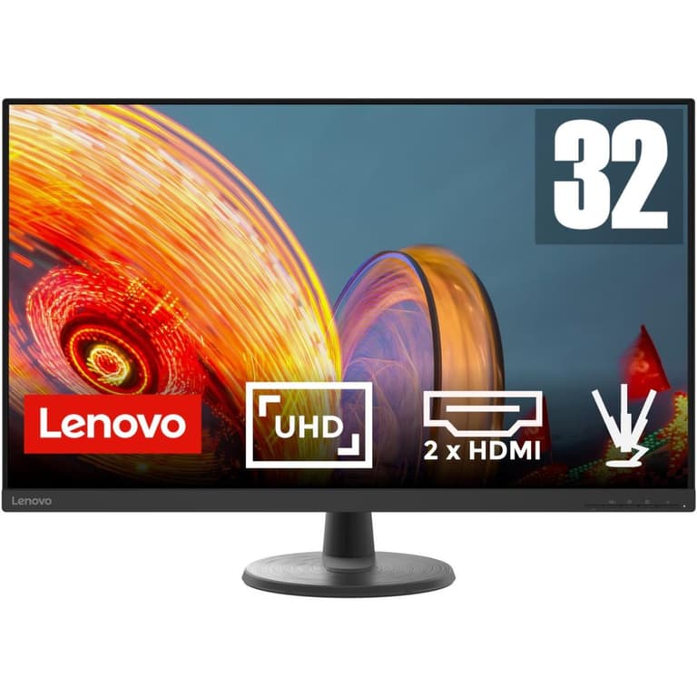 Lenovo C32u-40 32" UHD 4K 60Hz Eyesafe NearEdgeless Flicker Free For Work & Entertainment 2x HDMI & Display Port Interface - Black