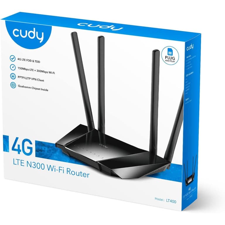 Cudy LT400 4G LTE N300 300 Mbps WiFi Router SIM Card Slot for Any Operator FDD and TDD, DDNS, PPTP/L2TP VPN