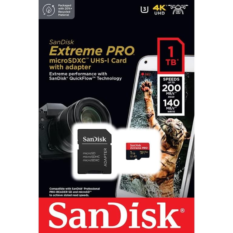 SanDisk Extreme Pro 1TB microSDXC UHS-I V30 200MB/s Read 140MB/s Write Memory Card for 4K Video on Smartphones Action Cams & Drones