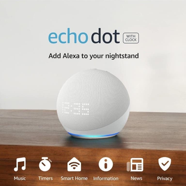 Amazon Echo Dot NEW (5th Gen, 2022 release) With Clock Bigger Vibrant Sound Helpful Routines & Alexa - Glacier White