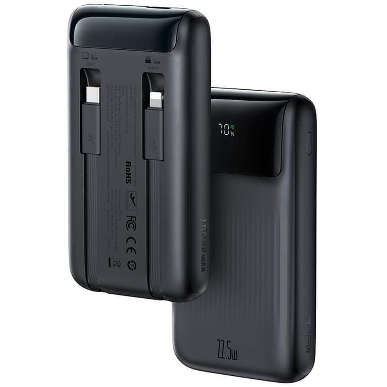 MCDODO MC-0241 Power Bank 10000mAh 22.5W Super Fast Charging With Build in Type-C & Lightning Cable Smart LCD Digital Display - Black
