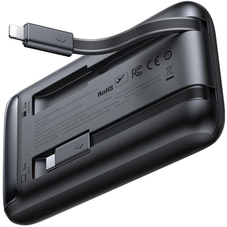 MCDODO MC-0231 Power Bank 10000mAh 33W Super Fast Charging With Build in Type-C & Lightning Cable Smart LCD Digital Display - Black