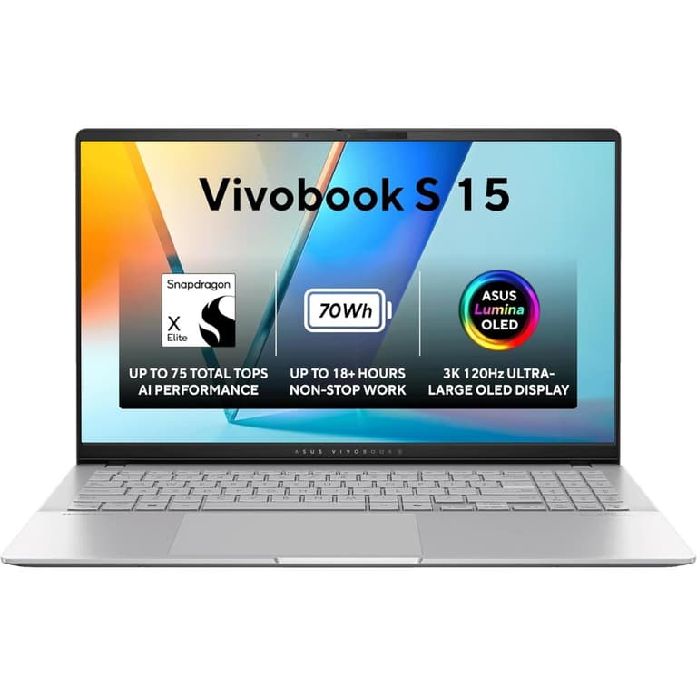 ASUS Vivobook S 15 (2024) S5507QA First Copilot+ PC NEW Snapdragon X Elite 78 12-Cores AI-Powered up to 18 hours w/ Dedicated Copilot Key & 3K OLED 120Hz Display - Cooler Silver