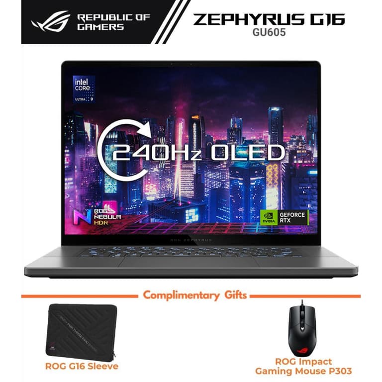 ASUS ROG Zephyrus G16 (2024) GU605MI Intel Core Ultra 9 AI Boost NPU 16-Core w/ Nvidia RTX 4070 8GB & 2.5K OLED 240Hz Display - Gray
