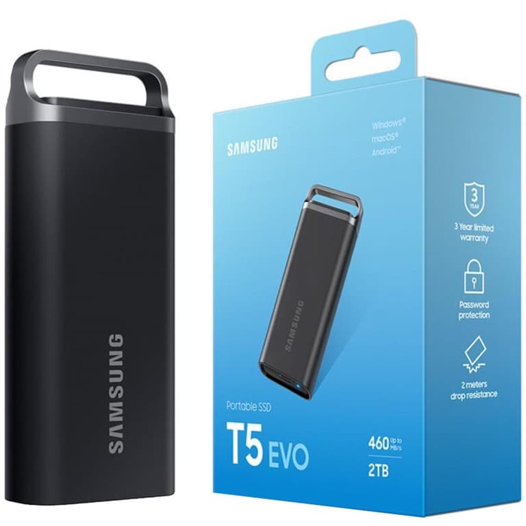 SAMSUNG T5 EVO 2TB Portable External SSD USB 3.2 Gen 1 Seq. Read Speeds Up to 460MB/s For Gaming & Content Creation - Black