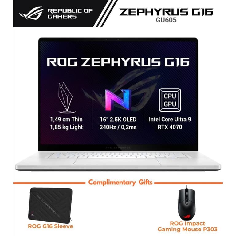 ASUS ROG Zephyrus G16 (2024) GU605MI Intel Core Ultra 9 AI Boost NPU 16-Core w/ Nvidia RTX 4070 8GB & 2.5K OLED 240Hz Display - Platinum White