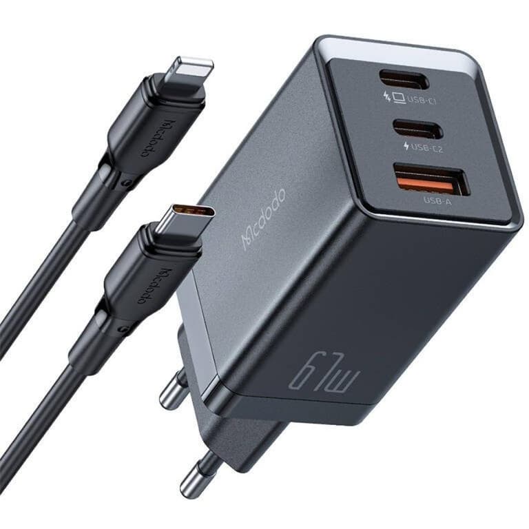 Mcdodo CH-1544 GaN wall charger, 2x USB-C, 1x USB, 67W + USB-C to Lightning cable (black)