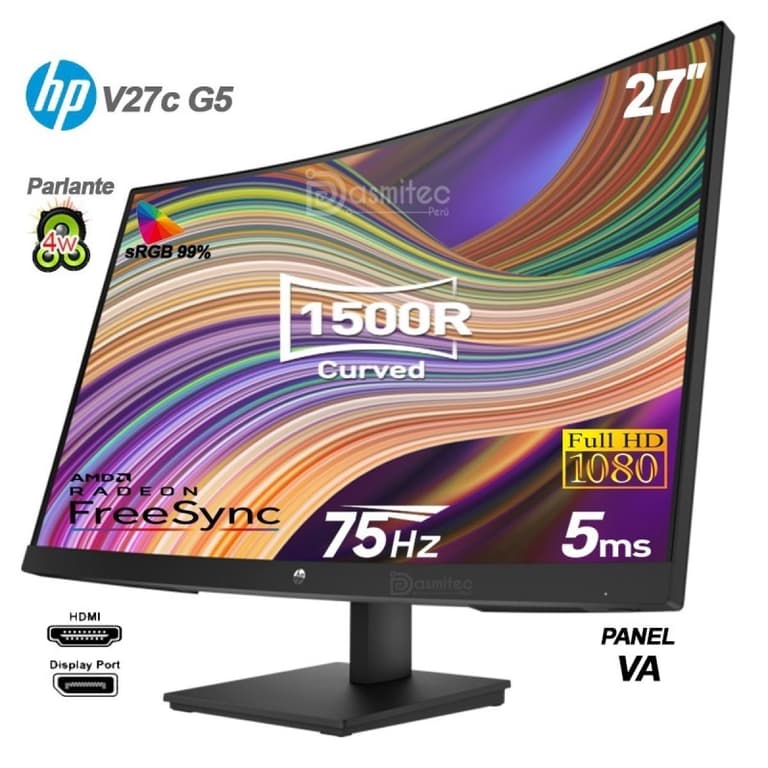 HP V27c G5 27" Curved Full HD 75Hz Micro-Edge Bezel Low Blue Light w/ Built-In Dual 2W Speakers & Display Port & HDMI Interface - Black