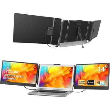 V2COM S2 14" IPS Full HD Triple Screen Extender Portable Monitor for Laptops 13-17.3" with HDMI/USB-A/Type-C Port Built In Speakers