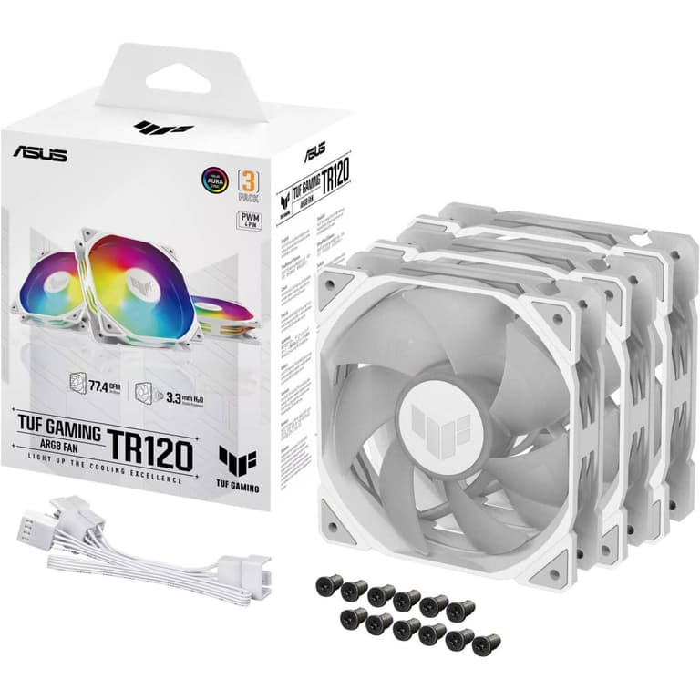 ASUS TUF Gaming TR120 ARGB Fan 3Pin Double-Layer LED 2000rpm 3.3mm H2O 77.4 CFM 16 Individually Addressable RGB LEDs 3 Pack - White