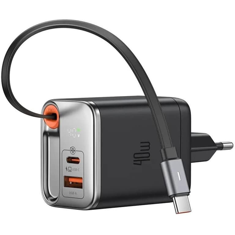 Mcdodo CH-4281 40W GAN USB C Retractable Cable Fast Portable Charger, PD 3.0 Power Adapter Compatible For Tablets, Game Consoles, Speakers, Cellular Phones, Headphones, Smartwatches, Laptops - Black