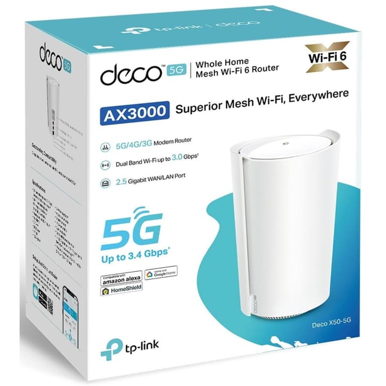 TP-Link Deco X50-5G AX3000Mbps Whole Home Wi-Fi 6 5G Router With Sim Slot, 5G/4G+Cat 6 Mesh WiFi Router, 2.5G Port For Ultra-Fast Speed, 230 m2 Seamless Coverage, Works with Alexa, HomeShield