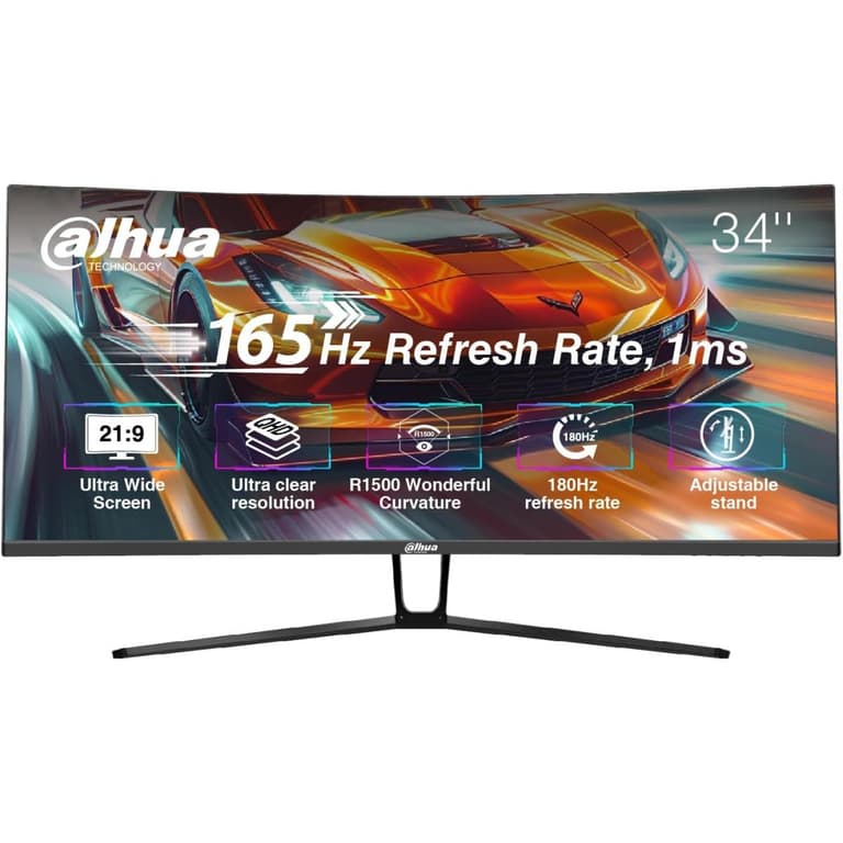Dahua LM34-E330C Gaming Curved Monitor, 34" WQHD VA Display, 165Hz Refresh Rate, 1ms (MPRT) Response Time, 1500R Curvature, Adaptive-Sync Technology, 21 9 Aspect Ratio, Black
