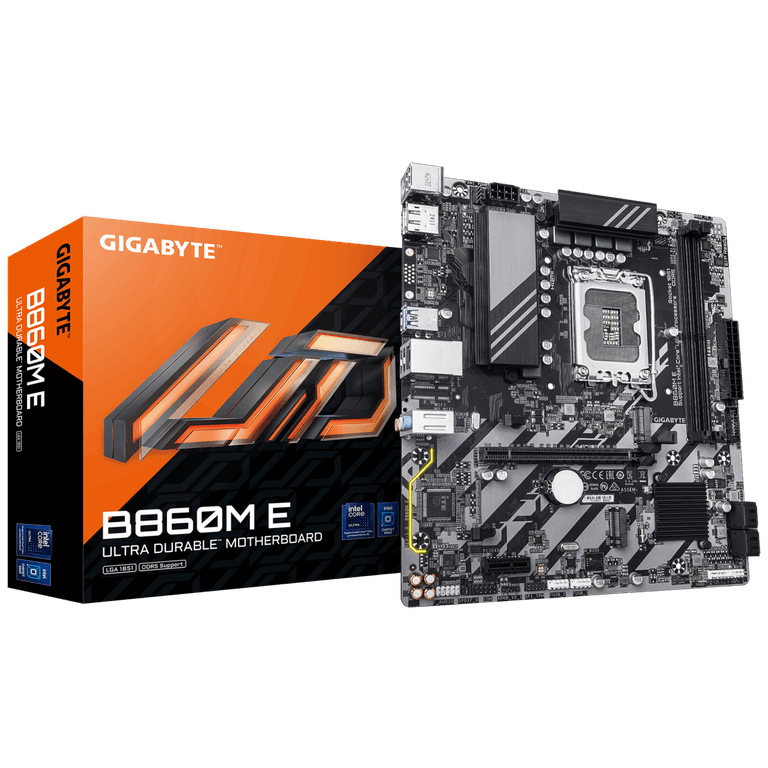 GIGABYTE B860M-E LGA 1851 M-ATX Motherboard, Intel B860 Chipset, 2x DIMM DDR5 Slots, Up to 128GB Max Memory, 1x PCIe 5.0 x16, 2x M.2 Slots